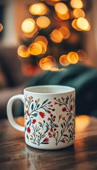 A glossy white mug adorned with a hand drawn floral pattern sits on a knitted surface. warm, soft lighting and blurred bokeh lights in the background create a cozy ambiance, perfect for showcasing home decor or lifestyle themes.
