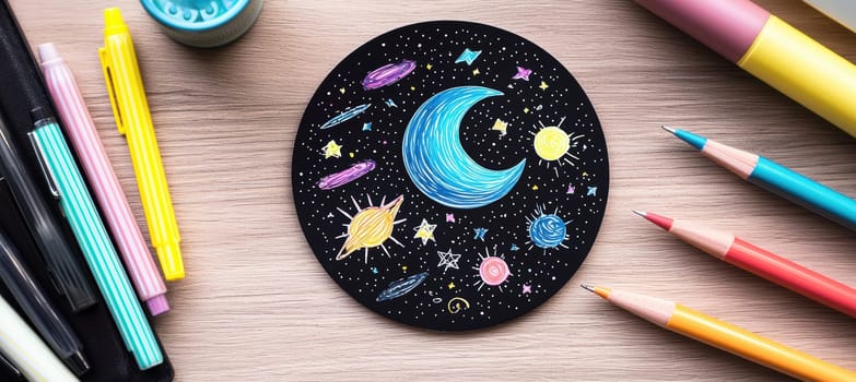 A vibrant circular sticker with a hand-drawn galaxy theme adorns a black journal. surrounding it are colorful pens and a creative desk setup, illustrating a workspace full of imagination and artistic inspiration.