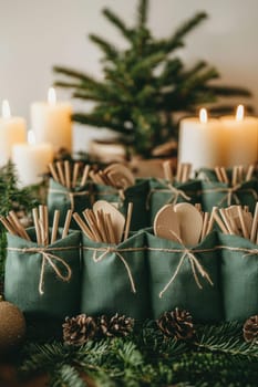 Eco-friendly advent calendar featuring fabric pouches tied with string, each holding sustainable gifts like reusable straws and wooden ornaments. the setup is complemented by a backdrop of greenery and lit candles for a cozy ambience.