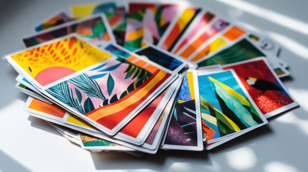A collection of square stickers with vibrant and diverse designs, including florals and abstract patterns, arranged in a fan-like layout. soft shadows add depth, enhancing the visual appeal of these decorative stickers on a white surface.
