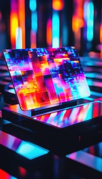 Holographic sticker displayed on a sleek black acrylic laptop stand with vivid, colorful reflections creating a dynamic, futuristic atmosphere. perfect for high-tech themed designs, showcasing a blend of modern technology and aesthetic appeal.