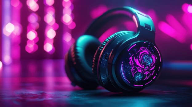 A dynamic mockup showcasing a sticker design on a gaming headset, featuring futuristic neon elements and glowing accents. captivating low light and vibrant colors highlight the tech-focused aesthetic, perfect for gaming themes.
