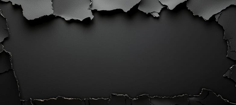 Dramatic black textured background with torn paper edges, creating an eye-catching frame. the design showcases soft lighting and shadows, the paper texture. ideal for promotional materials, banners, and creative designs.