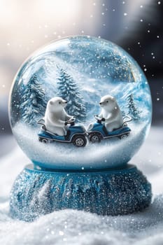 Whimsical snow globe featuring playful polar bears riding snowmobiles amid a snowy arctic scene. glittering snow swirls around lush, frosted trees and mountains. the base displays frosty blue and white design elements, enhancing winter charm.