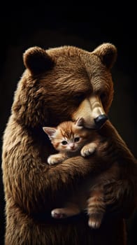 A bear gently cradles a small kitten in a warm embrace.