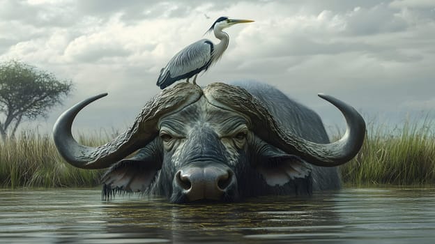 A buffalo partially submerged in water with a bird perched on its back.