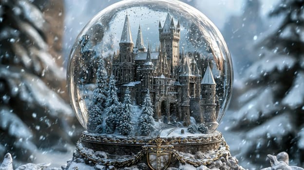 A detailed snow globe showcasing a snowy medieval castle, surrounded by icy cliffs and a frozen moat. the base features gothic stone textures and regal emblems, creating an enchanting winter scene ideal for decorative purposes.
