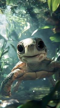A close-up of a smiling turtle in a lush underwater environment.