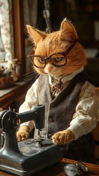 A cat in glasses and a vest operates a sewing machine indoors.