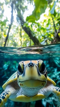 A close-up of a turtle swimming in clear water beneath lush greenery.