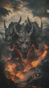 A fierce three-headed dragon emerging from fiery landscape.
