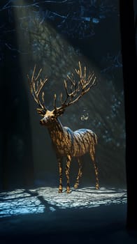 A majestic deer stands illuminated in a mystical forest setting.