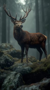 A majestic deer stands on rocks in a misty forest setting.