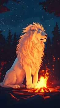 A majestic lion sits beside a glowing campfire in a forest.