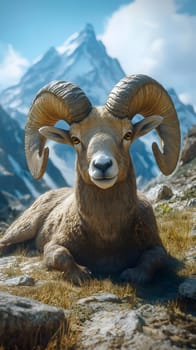A majestic ram resting in a mountainous landscape.