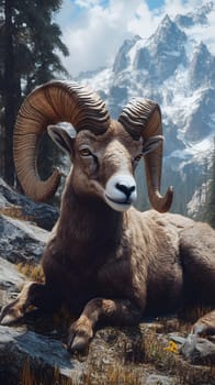 A majestic ram resting in a mountainous landscape.