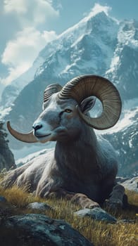 A majestic ram resting in a mountainous landscape.