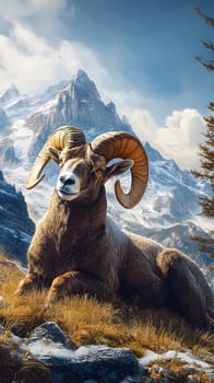 A majestic ram resting in a mountainous landscape.