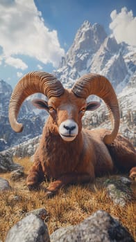 A majestic ram resting in a mountainous landscape.