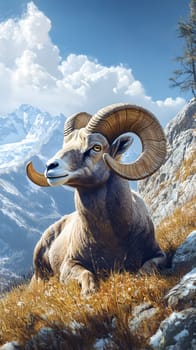 A majestic ram resting on rocky terrain with mountains in the background.
