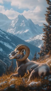 A majestic ram rests in a scenic mountain landscape.
