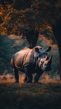 A majestic rhinoceros stands in a serene, forested landscape.