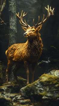 A majestic stag stands in a misty forest, showcasing nature's beauty.
