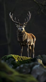 A majestic stag stands on a mossy rock in a serene forest setting.