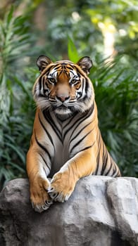 A majestic tiger resting on a rock amidst lush greenery.