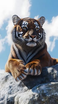 A majestic tiger resting on a rock under a blue sky.