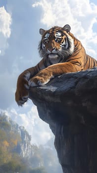 A majestic tiger resting on a rocky ledge against a scenic backdrop.