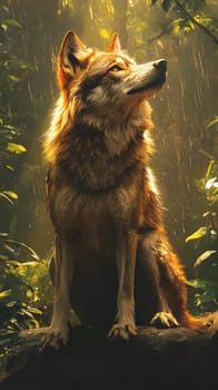 A majestic wolf sits in a lush forest, illuminated by soft light.