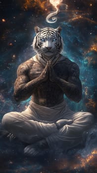 A meditative figure with a tiger's head in a cosmic background.