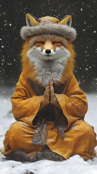 A meditative fox in a snowy landscape, wearing traditional attire.