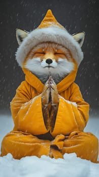 A meditative fox in an orange robe, surrounded by falling snow.