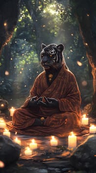 A meditative tiger in a serene forest, surrounded by candles.