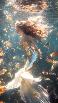 A mermaid gracefully swims among shimmering fish in a vibrant underwater scene.