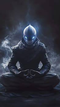 A mysterious figure in a dark setting, meditating with glowing eyes.