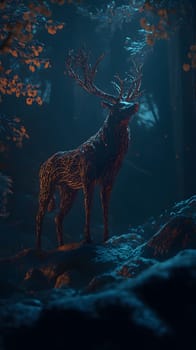 A mystical stag stands in a dimly lit forest, evoking enchantment.