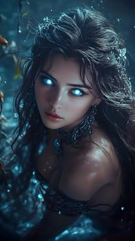 A mystical woman with glowing eyes in a watery, enchanting setting.