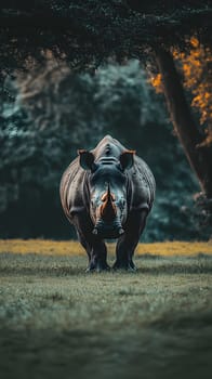A powerful rhinoceros stands majestically in a serene landscape.