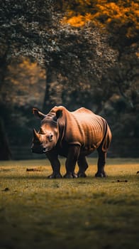 A rhinoceros stands majestically in a serene natural setting.