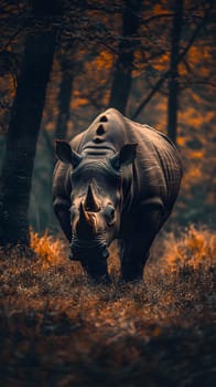 A rhinoceros walking through a forest in autumn foliage.