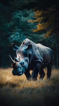 A rhinoceros walking through a grassy area in a forested setting.