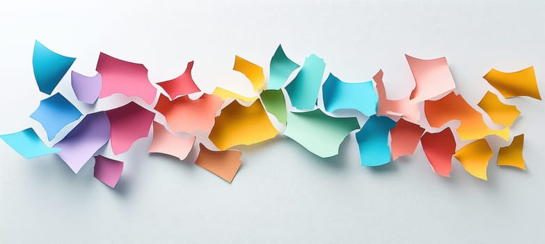 Dynamic arrangement of colorful torn paper pieces on a white background, featuring detailed edges and shadows that create a 3d effect. ideal for creative design applications, adding a vibrant and artistic touch.