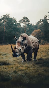A rhinoceros walking through a grassy landscape with trees in the background.