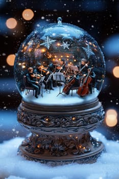 A decorative snow globe featuring a detailed miniature orchestra playing within a snowy concert hall. swirling snowflakes and glowing lights add a festive touch. the base is adorned with musical notes and instruments, perfect for seasonal decor.