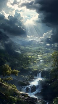 A serene landscape featuring a waterfall and dramatic skies.
