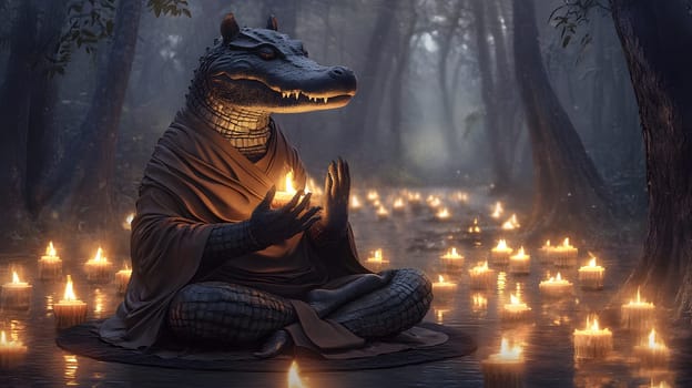 A serene crocodile monk meditating among candles in a misty forest.