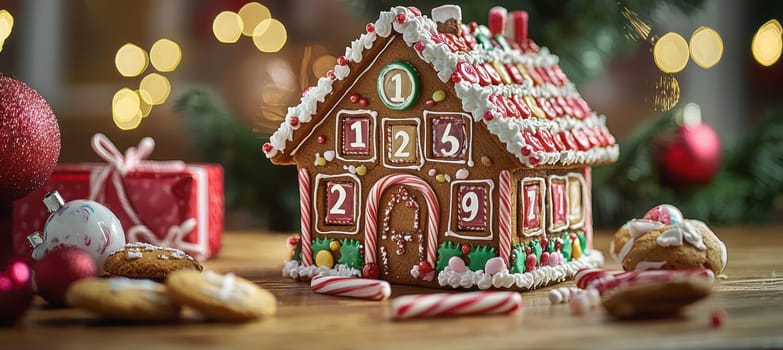 Gingerbread house advent calendar featuring numbered candy compartments, adorned with frosting and holiday treats like peppermint sticks and cookies. decor serves as a festive centerpiece, evoking seasonal warmth and joy.
